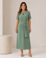 Vestido Midi com Cinto de Fivela Dourada - Camila