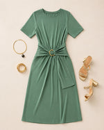 Vestido Midi com Cinto de Fivela Dourada - Camila