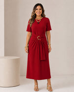 Vestido Midi com Cinto de Fivela Dourada - Camila